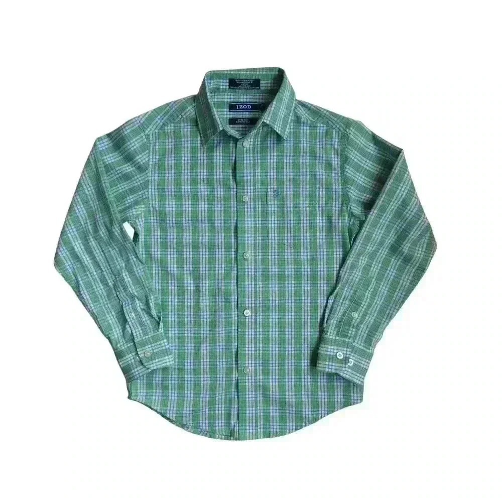 Izod Boys Green and Blue Plaid Long Sleeve Button-up - Size 8